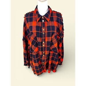 Oli & Hali NWOT Orange Navy Plaid Frayed Shacket Oversized Button Down Top S M